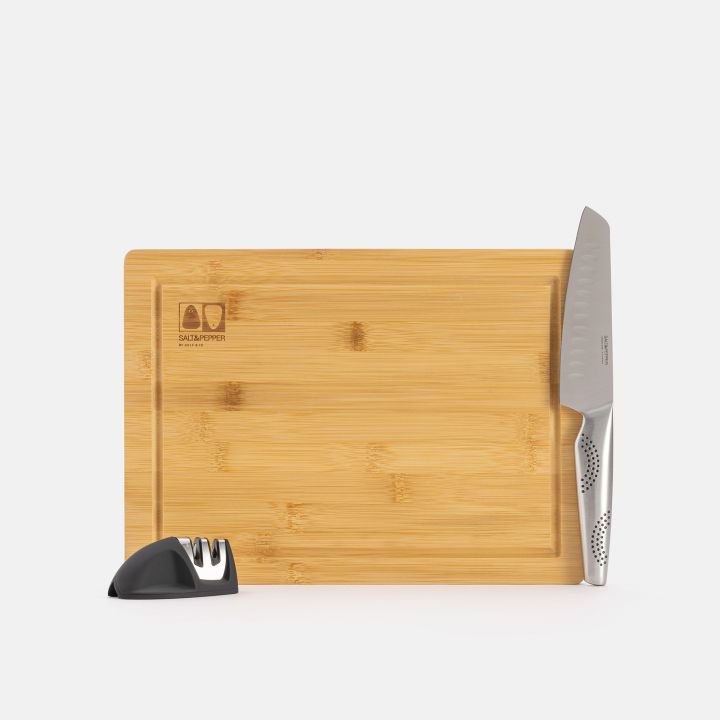 סט קרש חיתוך, סכין סנטוקו ומשחיז סכינים