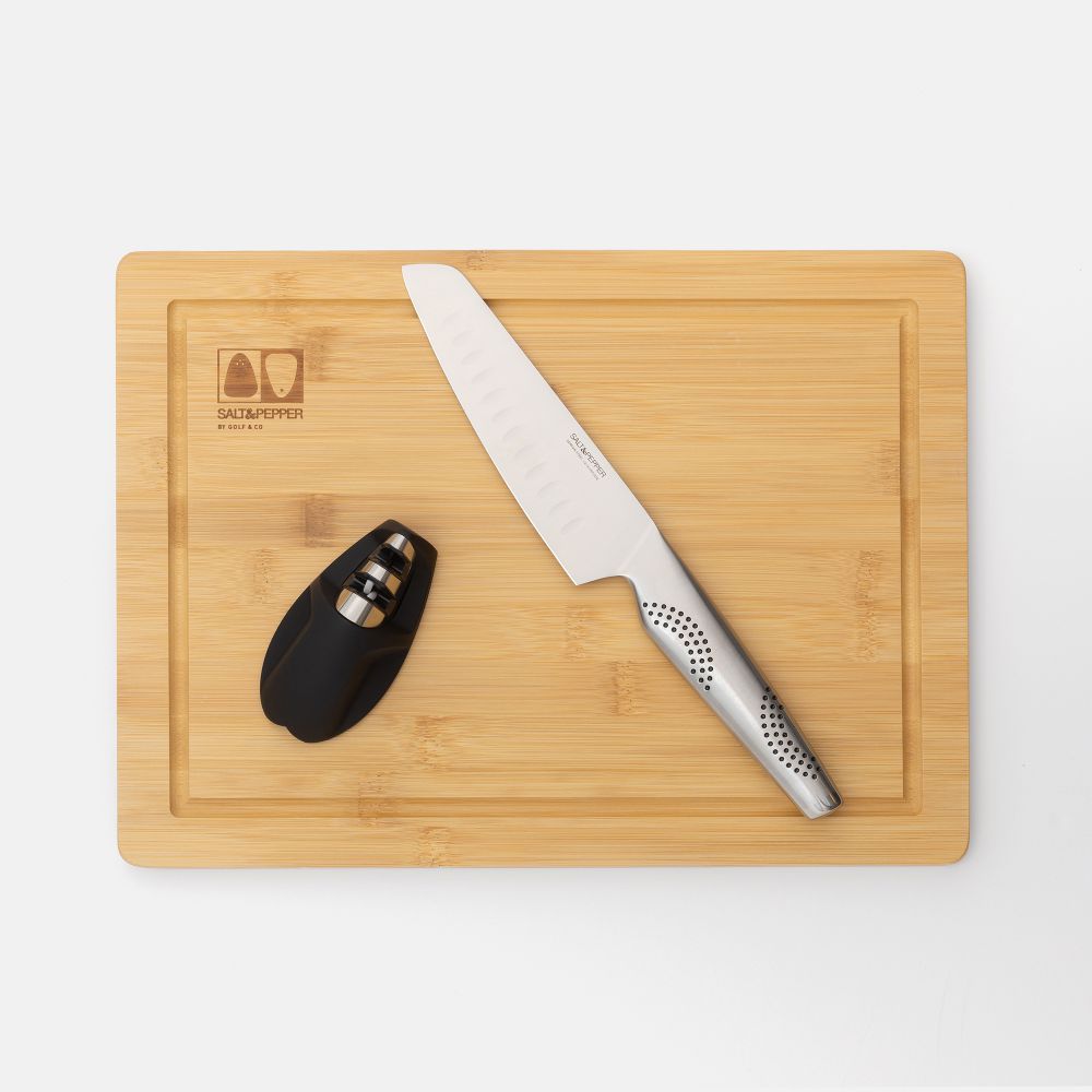 סט קרש חיתוך, סכין סנטוקו ומשחיז סכינים