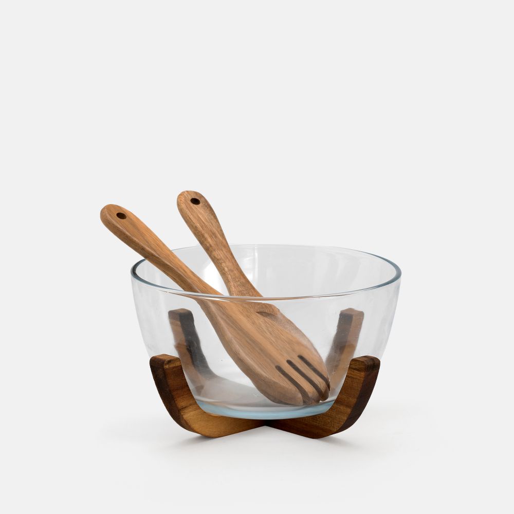 סט קערה + כפות הגשה מעץ בינה